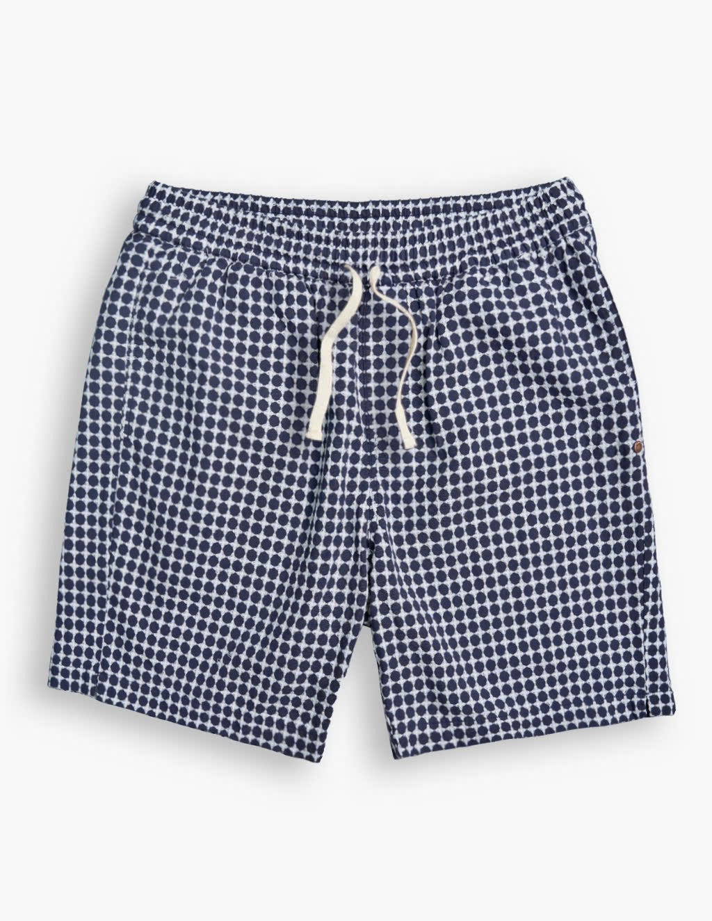 Navy blue and white patterned shorts with an elastic waistband and white drawstring