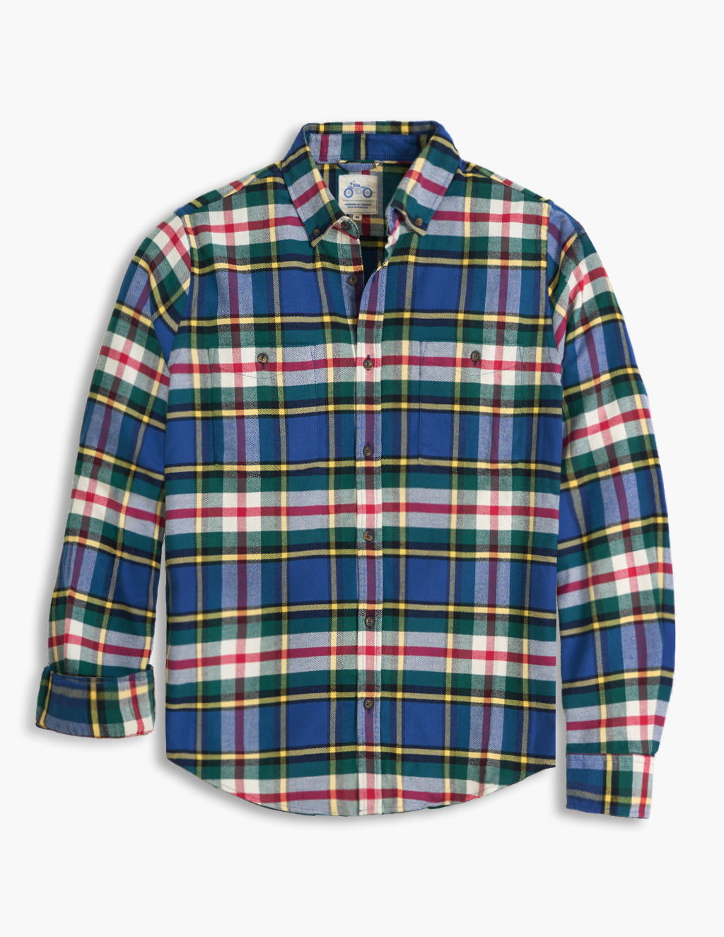 Long-sleeve button-down flannel shirt in blue, green, red and white plaid with two chest pockets