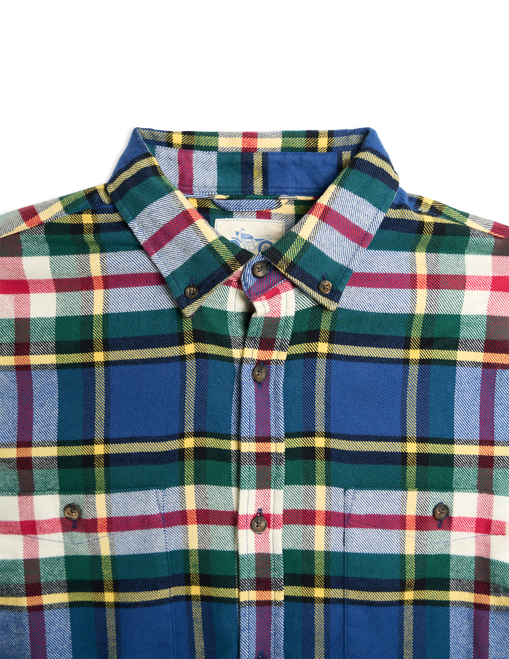 Button-down plaid flannel shirt with blue, green, red and yellow checks, pointed collar, two chest pockets, brown buttons