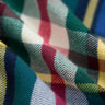 Brushed wool plaid fabric with green, red, yellow and navy stripes and visible diagonal weave texture.