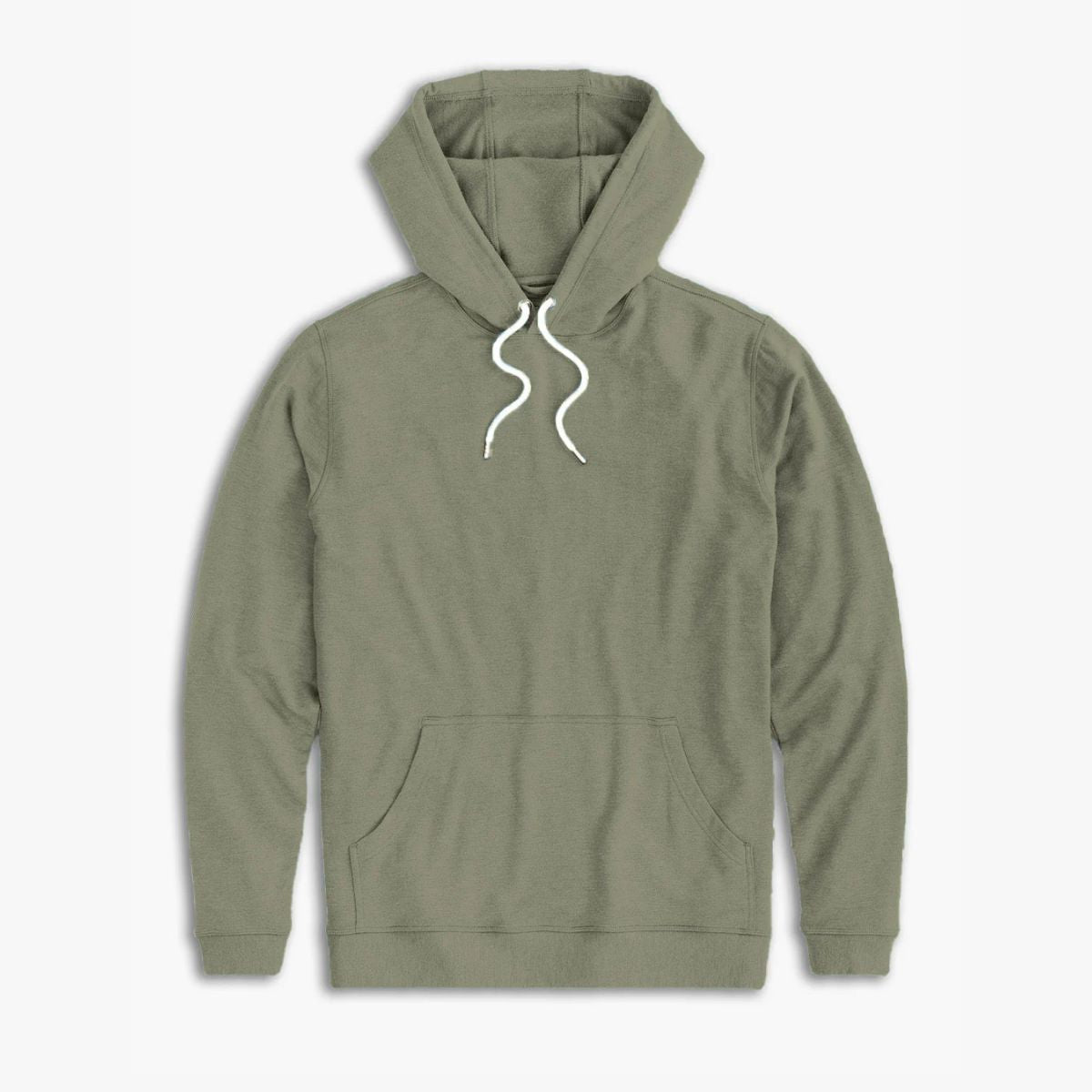 Olive green pullover hoodie with hood, white drawstrings, front kangaroo pocket, and long sleeves