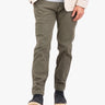 Model wearing Carters canvas utility pants in olive green.