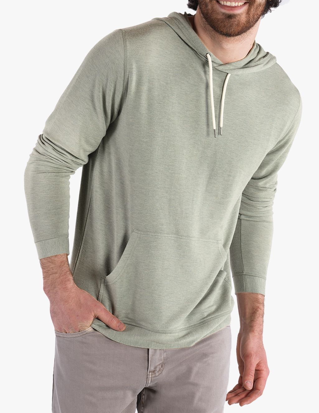 Front view of pine green cashmere and modal hoodie showing drawstring hood and kangaroo pocket on model wearing size Large