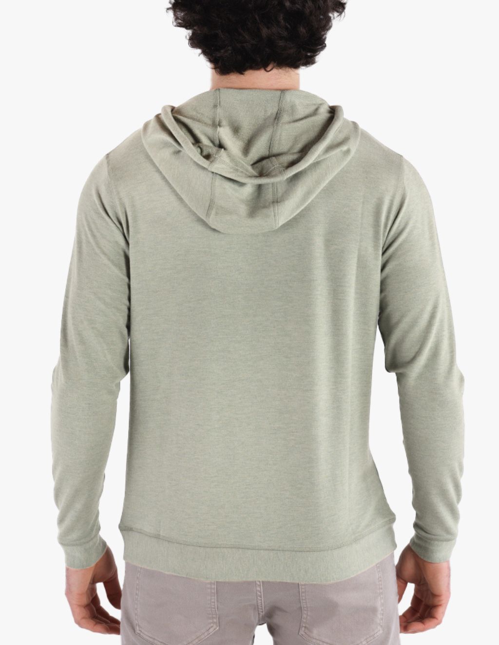 Back view of Pine green cashmere and modal hoodie showing attached hood, long sleeves, and ribbed hem on white background