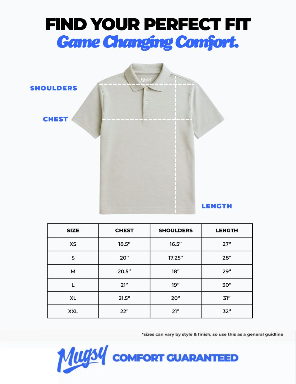 Polo size guide with measurement lines labeled SHOULDERS, CHEST, LENGTH and table of sizes XS–XXL.