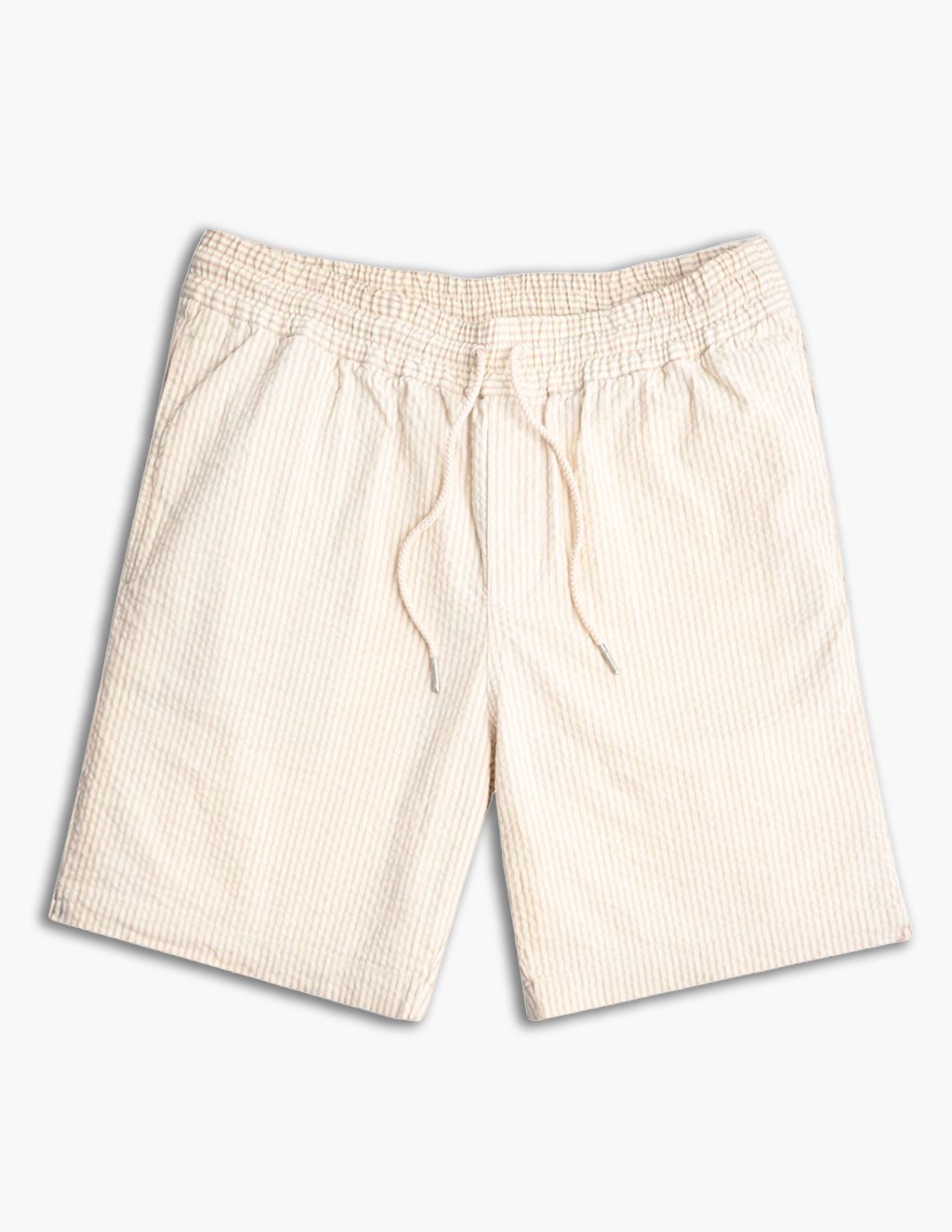 Beige striped shorts with an elastic waistband and drawstring