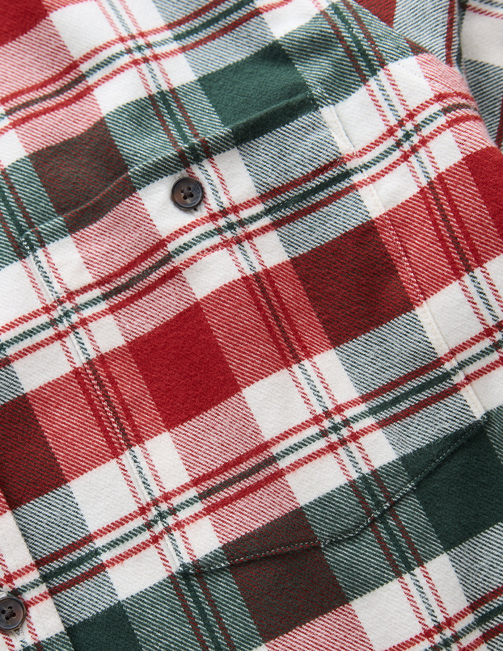 Red, green and white plaid flannel shirt close-up showing pocket flap and button