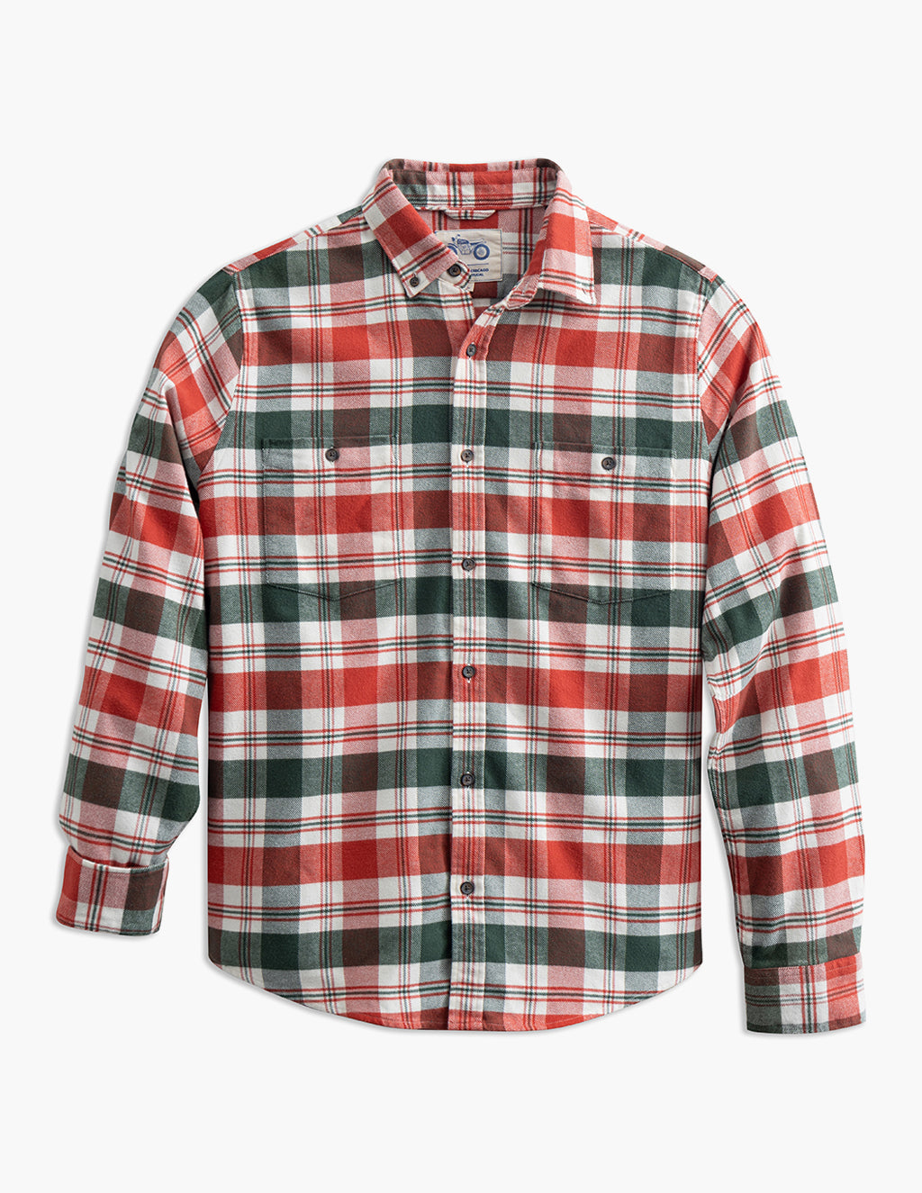 Ralphies plaid button-down flannel shirt in red, green, and white; long sleeves with chest pockets