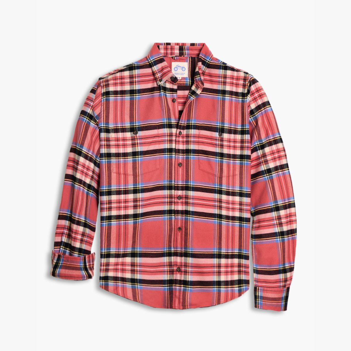 Red and pink plaid long-sleeve button-down shirt with chest pockets and spread collar.