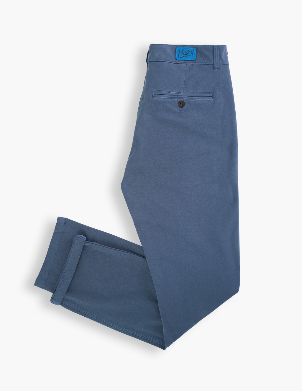 Flat lay of Saltwaters chinos in sea blue showcasing back welt pocket with button, rolled cuff, on white background