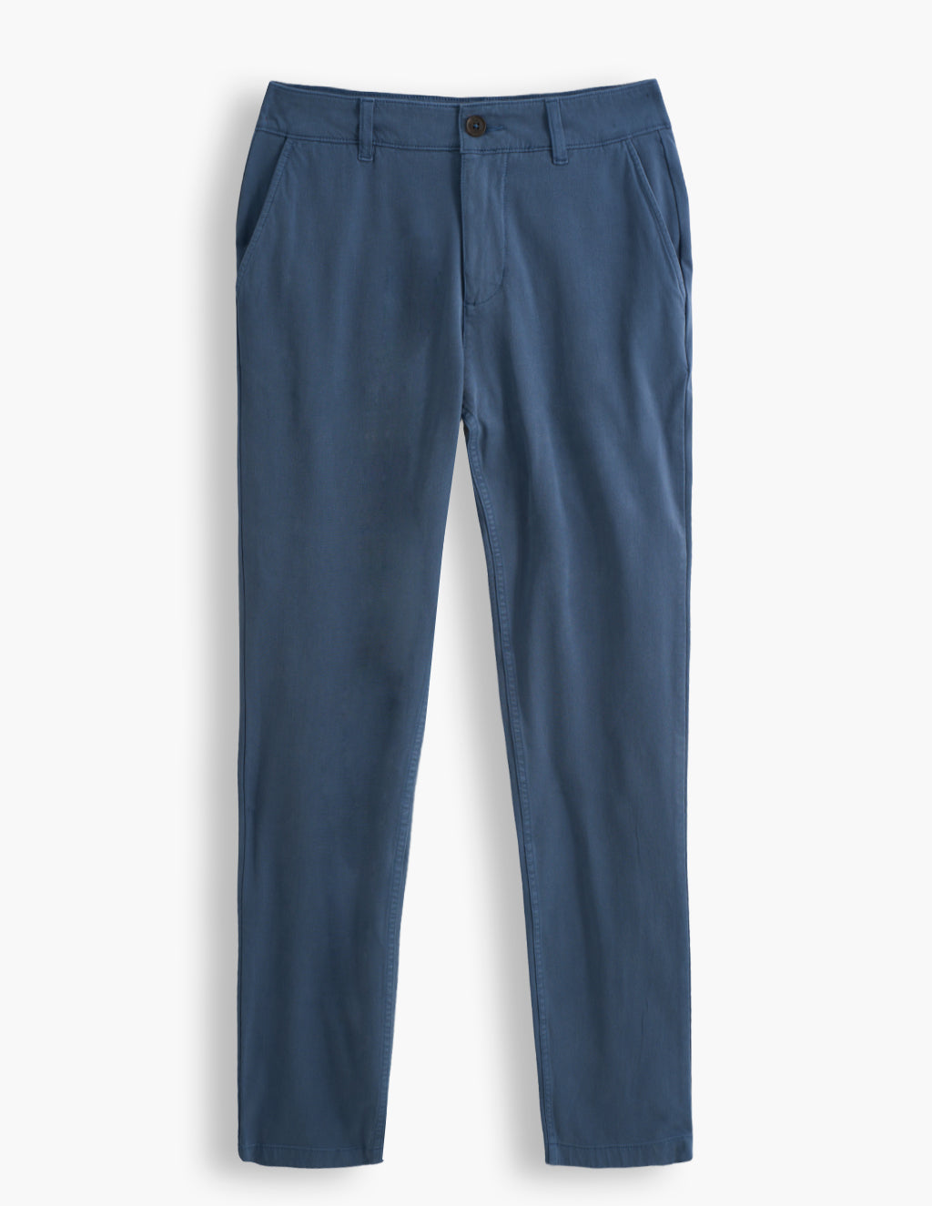 Flat lay of Classic Chinos in Saltwaters blue showing slim tapered fit, front pockets, and button waist on white background
