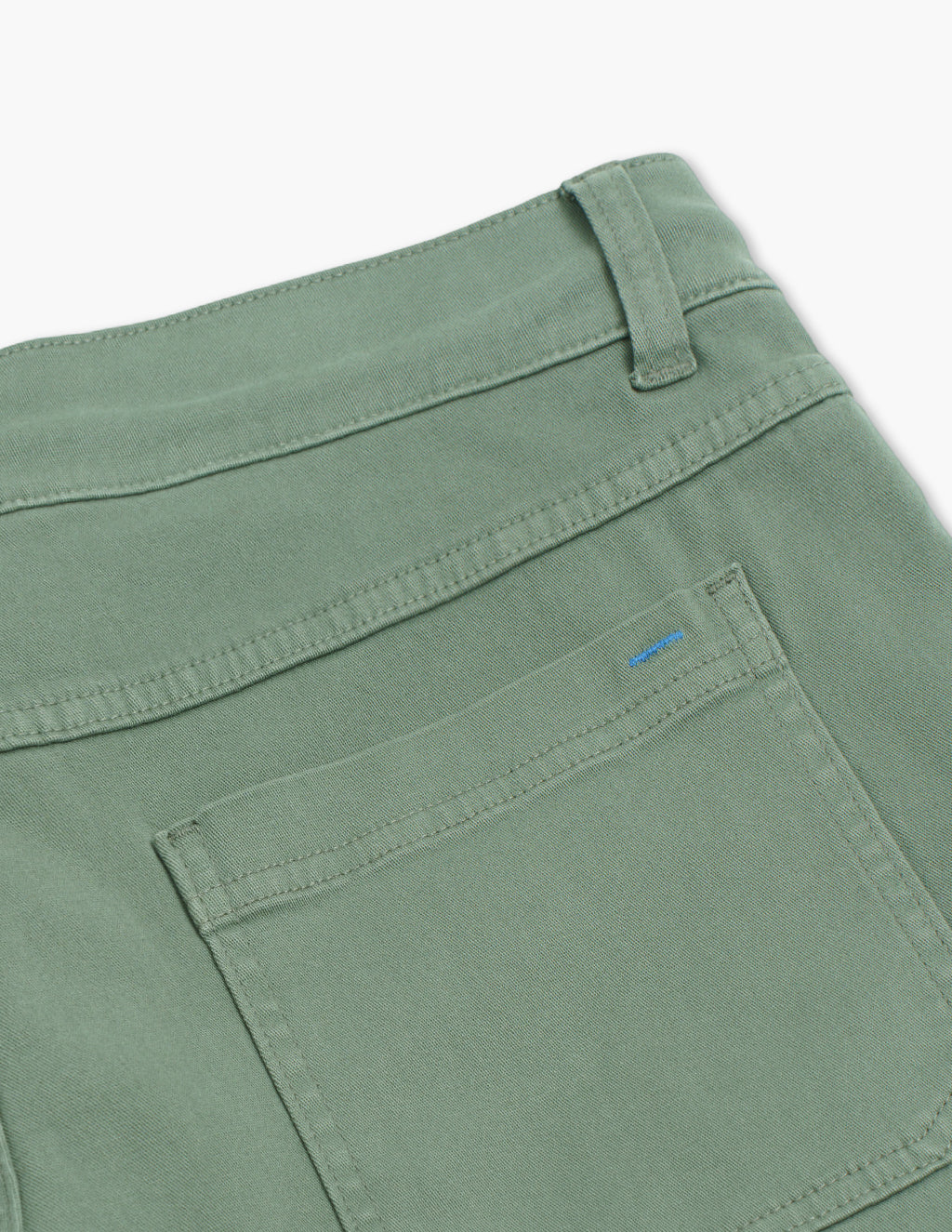 Close-up of back of Seagrass Twill Drawstring Shorts showing patch pocket, belt loop, and topstitching on white background