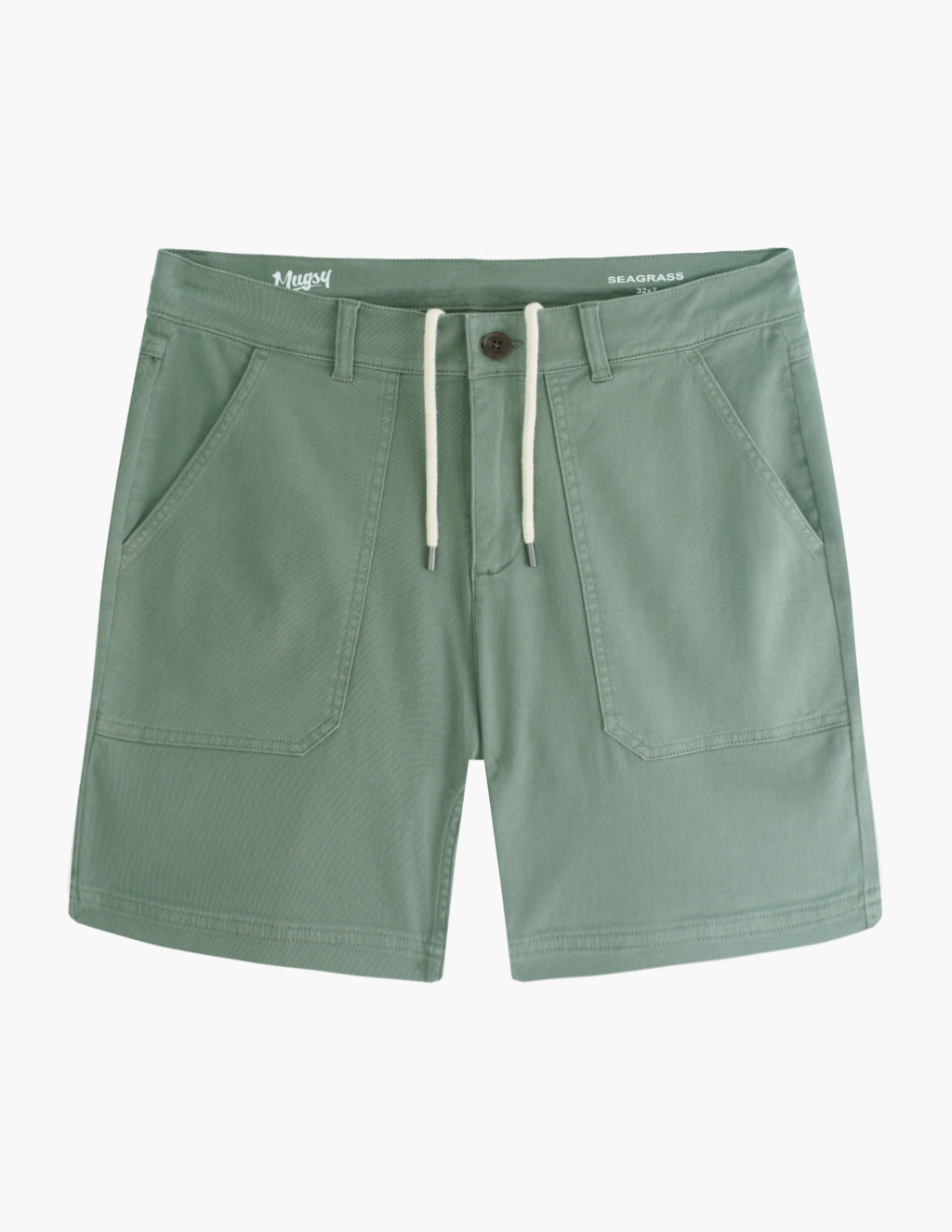Flatlay of Twill Drawstring Shorts in Seagrass showcasing drawstring waist and front patch pockets on white background
