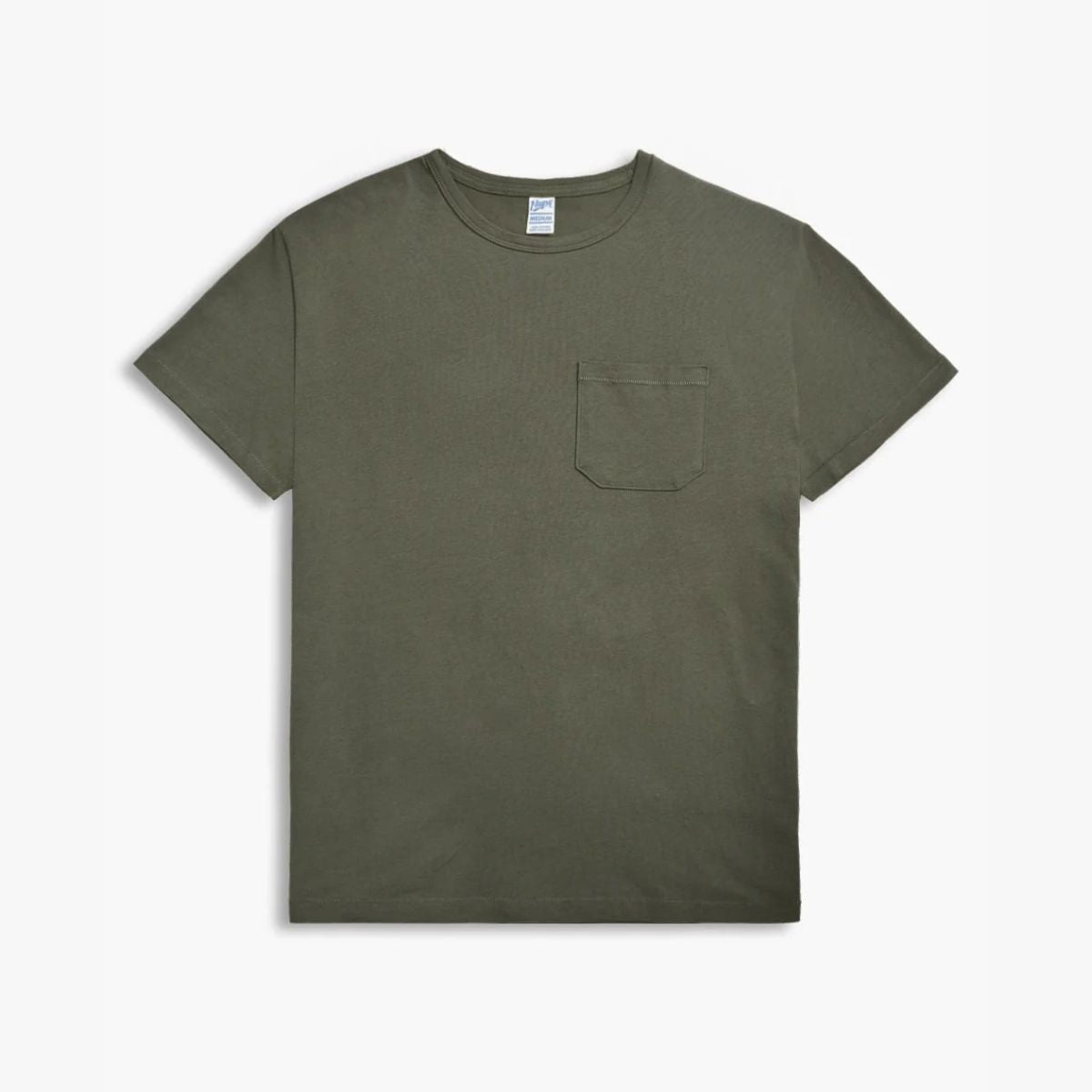 Olive green crew-neck T-shirt, short sleeves with left chest pocket, flat-lay on white background.