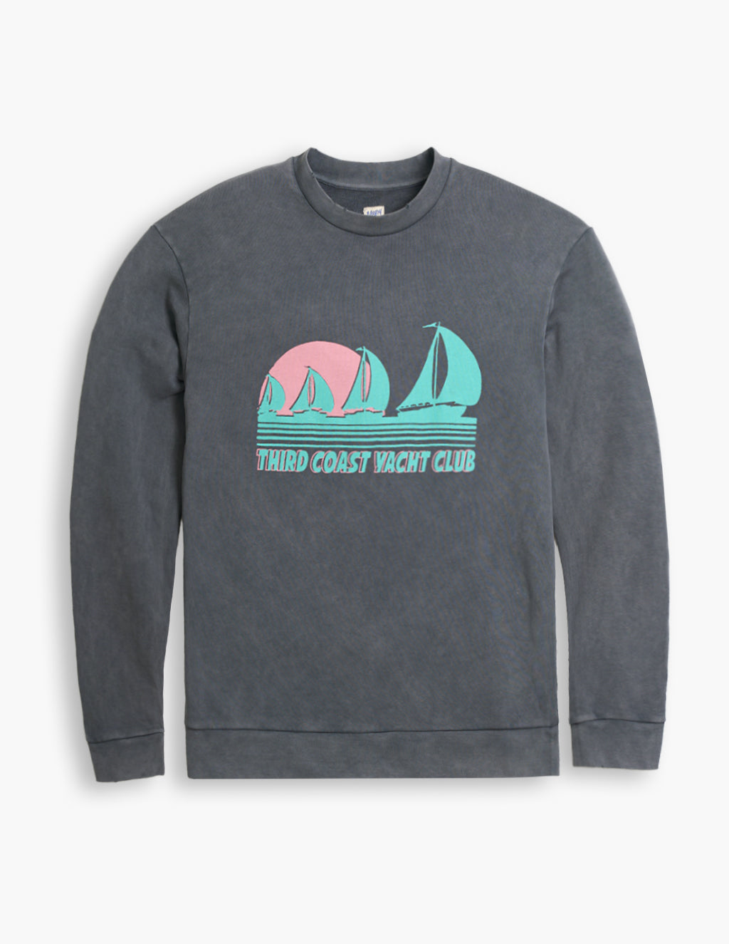 Charcoal sweatshirt with turquoise-and-pink sailboat graphic and text THIRD COAST YACHT CLUB