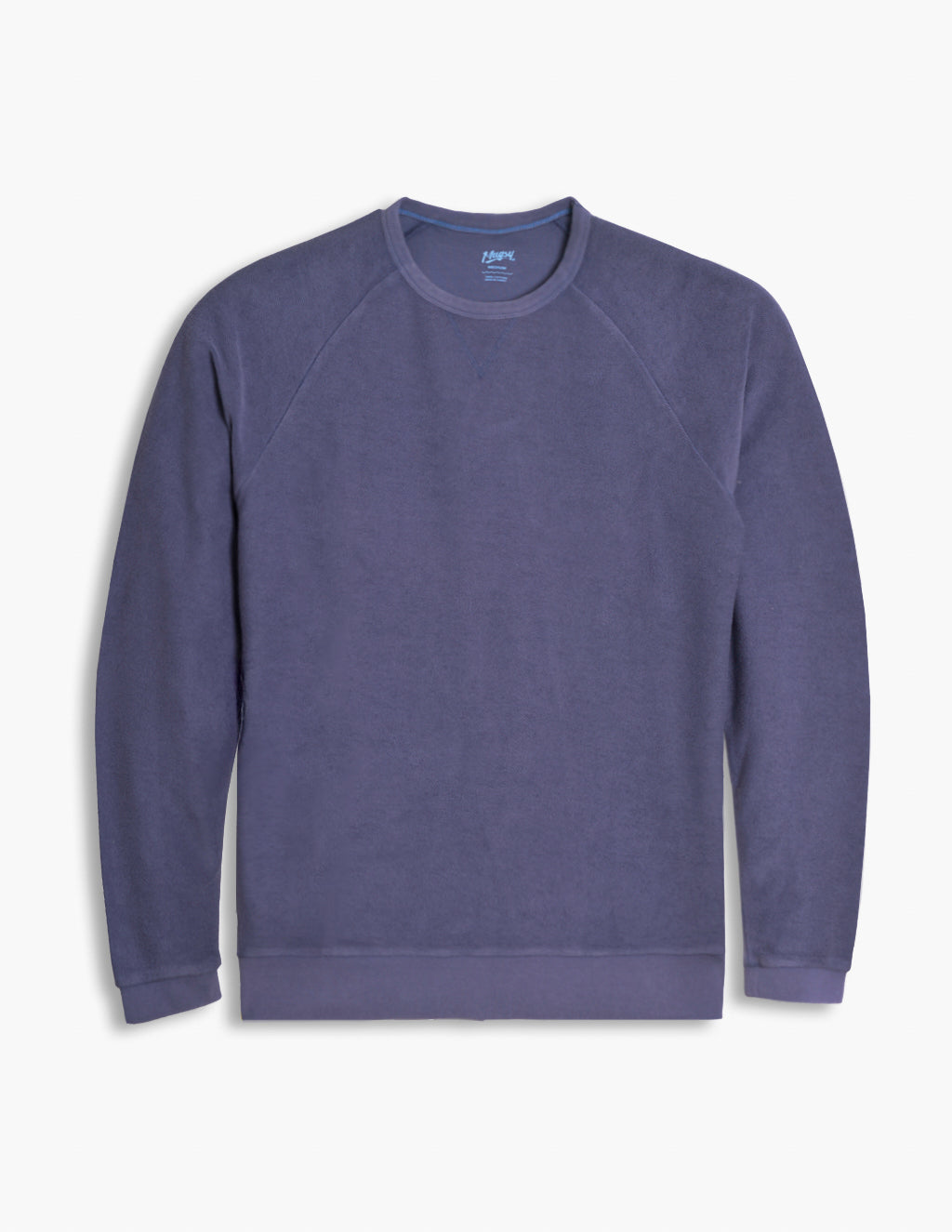 Men's faded indigo crewneck sweatshirt with raglan sleeves, laid flat on white background.