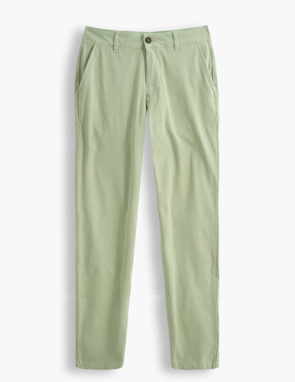 Flatlay of Classic Chinos in Willows green showcasing tapered legs and front pockets with white background
