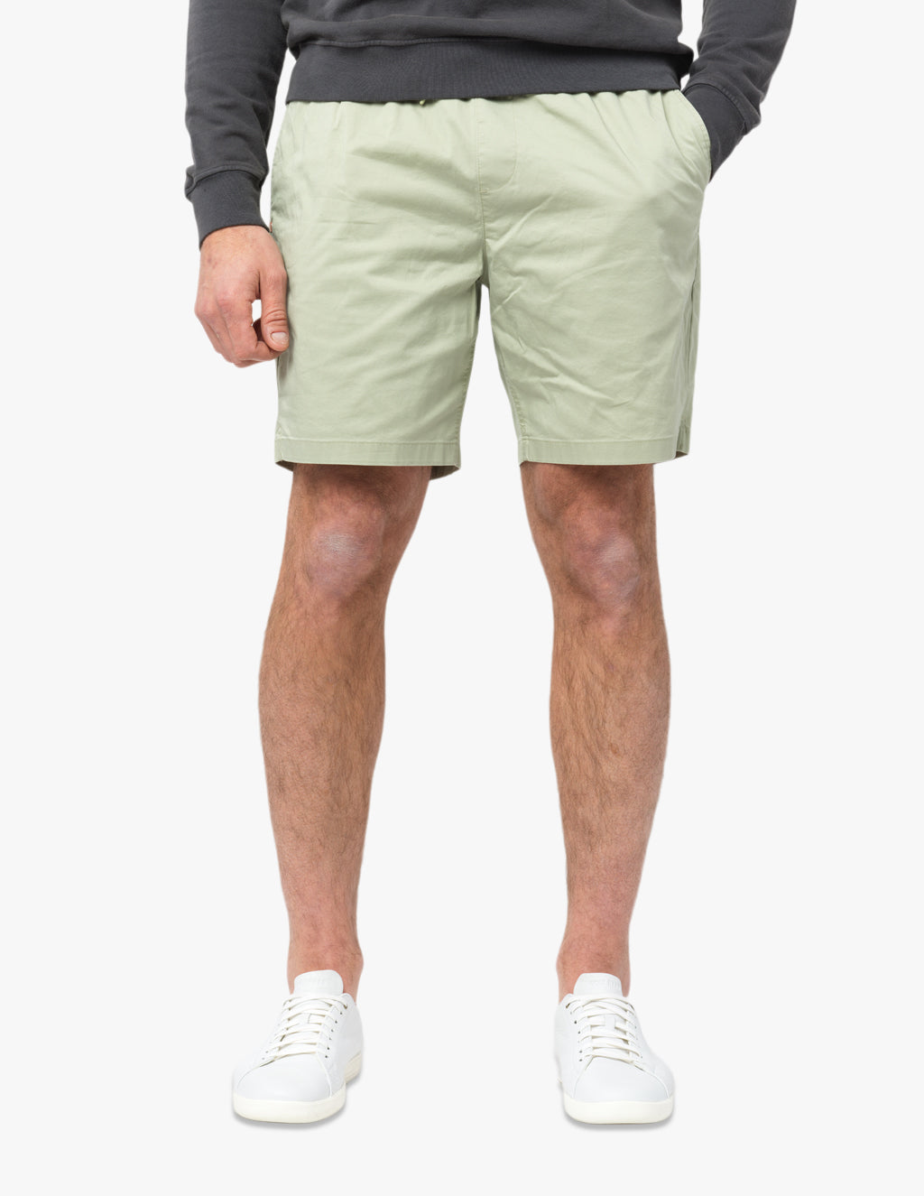 Front view of Crisp Twill Easy Short in agave green showing drawcord waist and side pockets against white background
