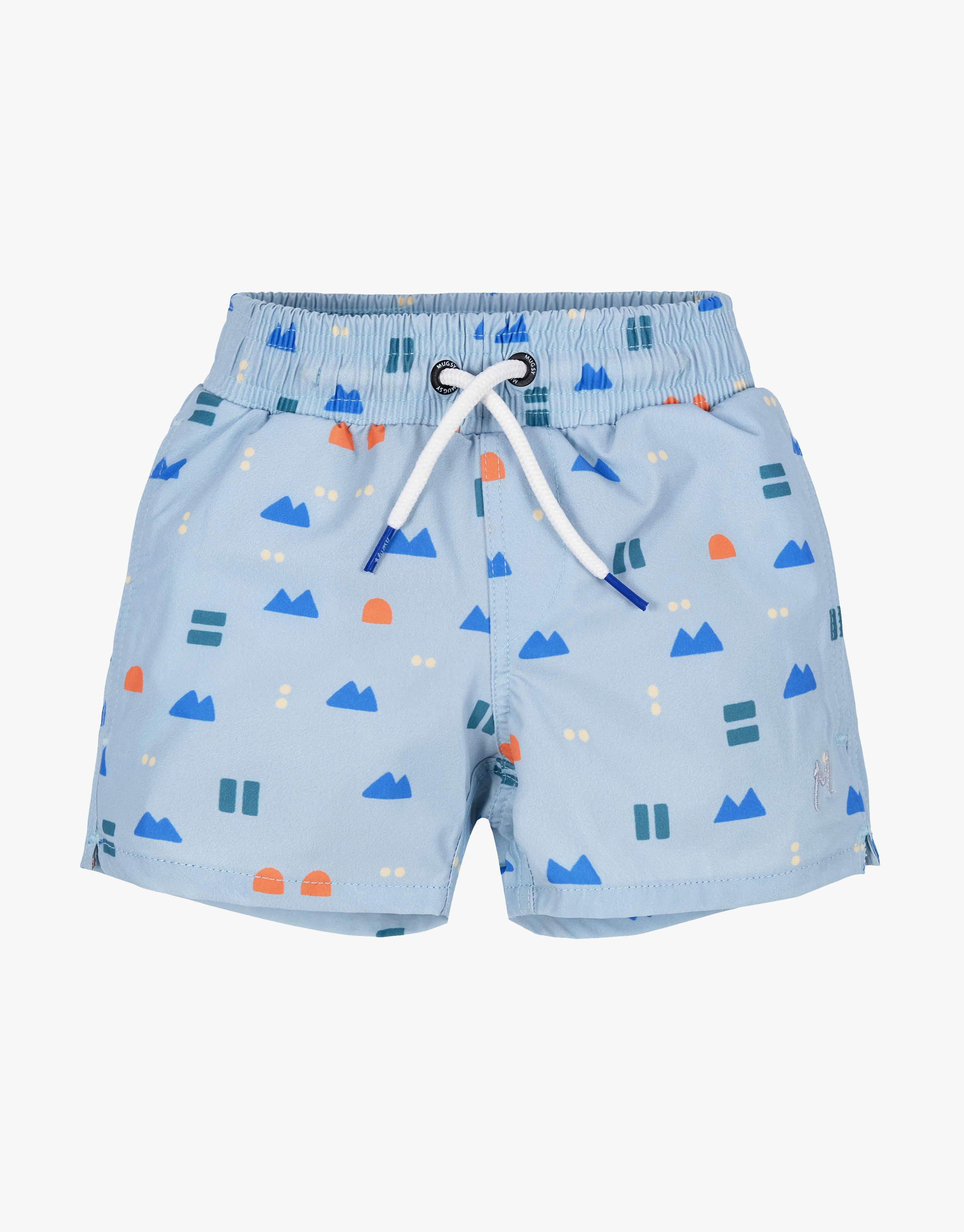 Light blue kid's swim trunks with colorful geometric patterns