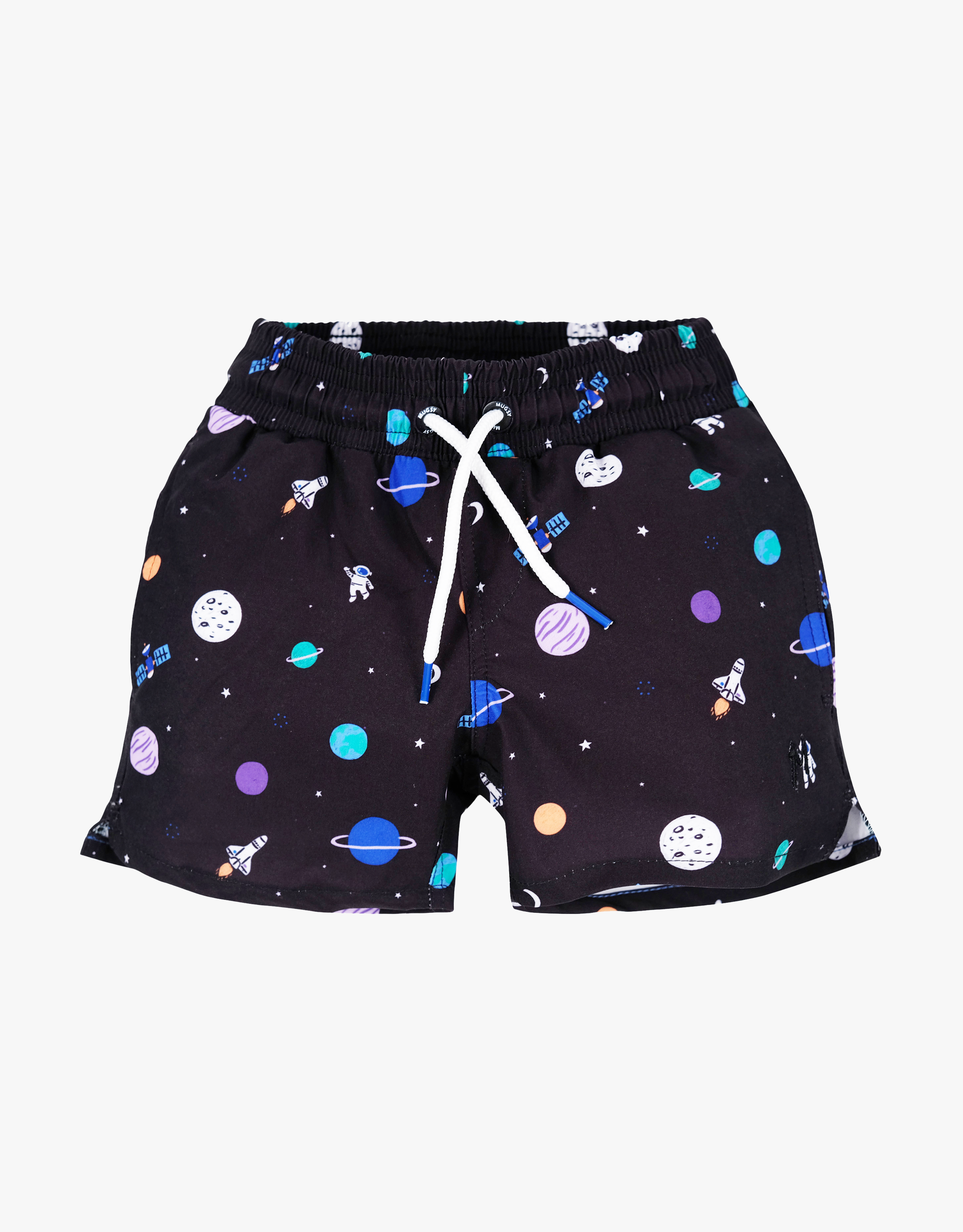 Black swim shorts for kids with space-themed design featuring planets and rockets