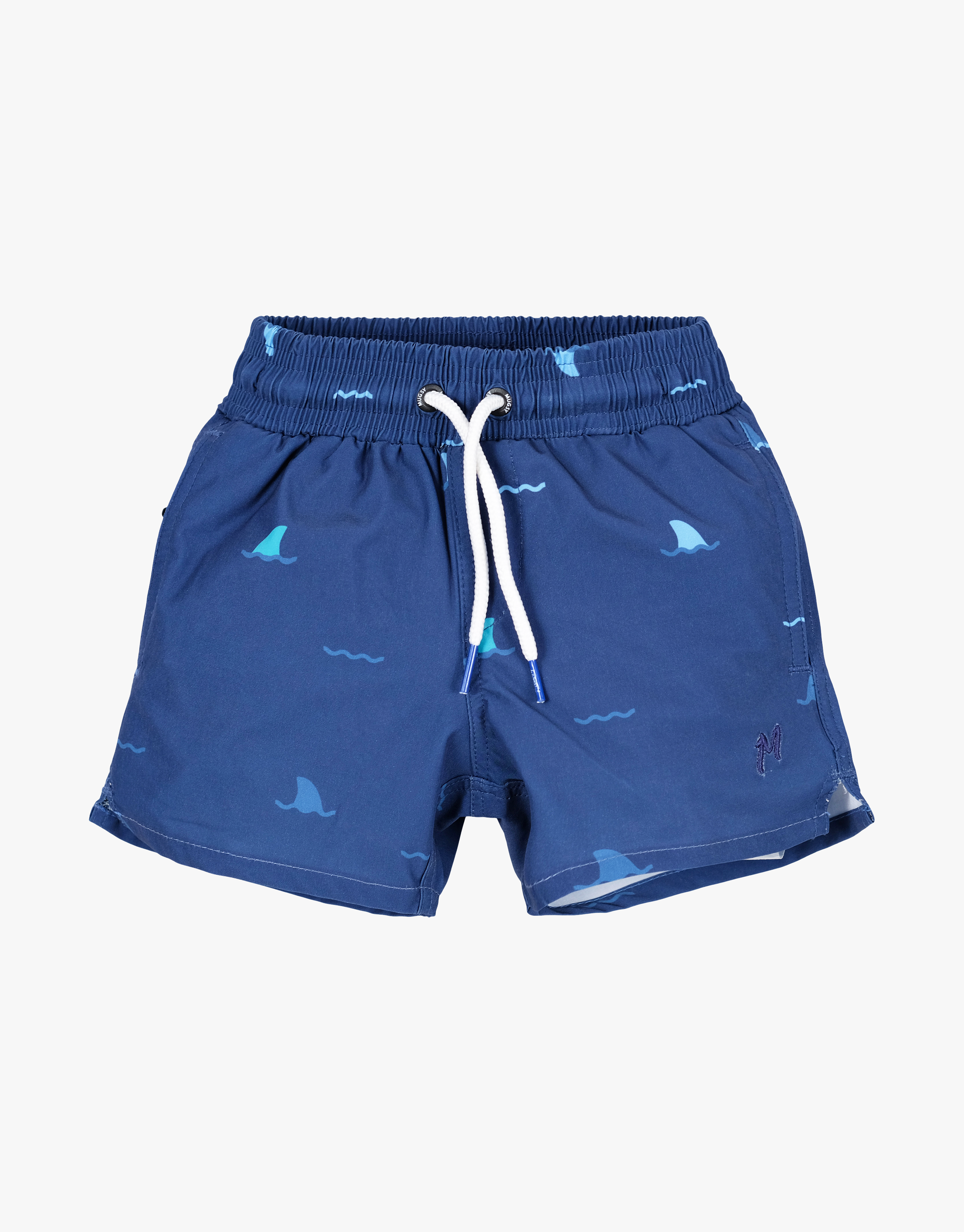 Navy swim shorts with shark pattern for kids