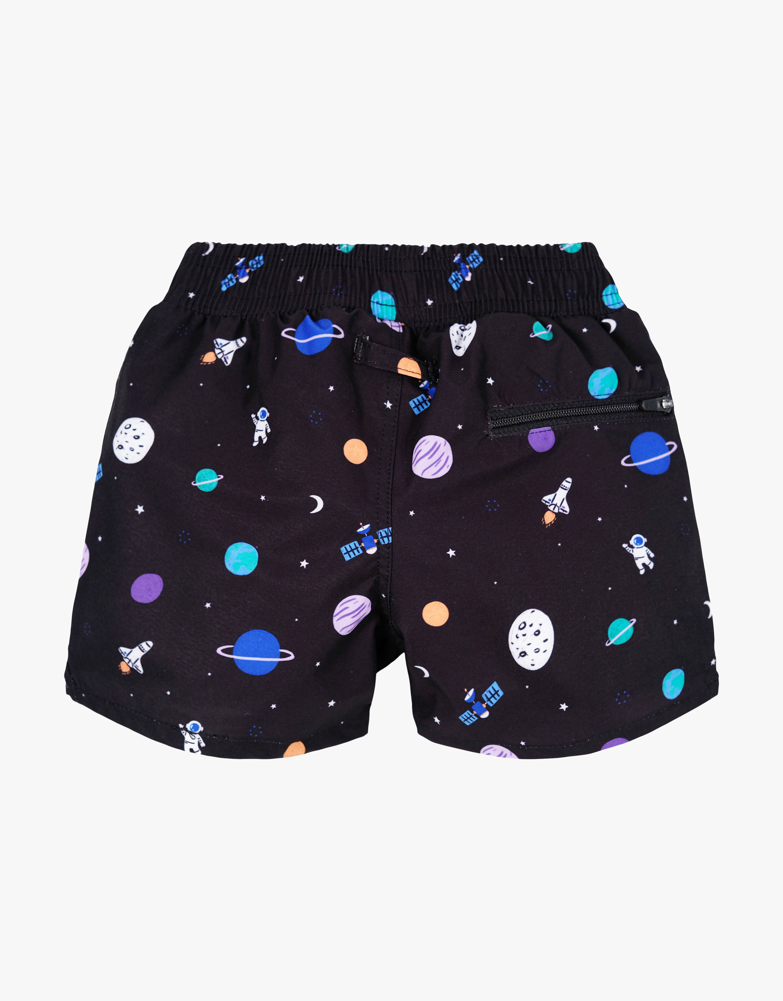 Black swim shorts with a space theme featuring planets and astronauts