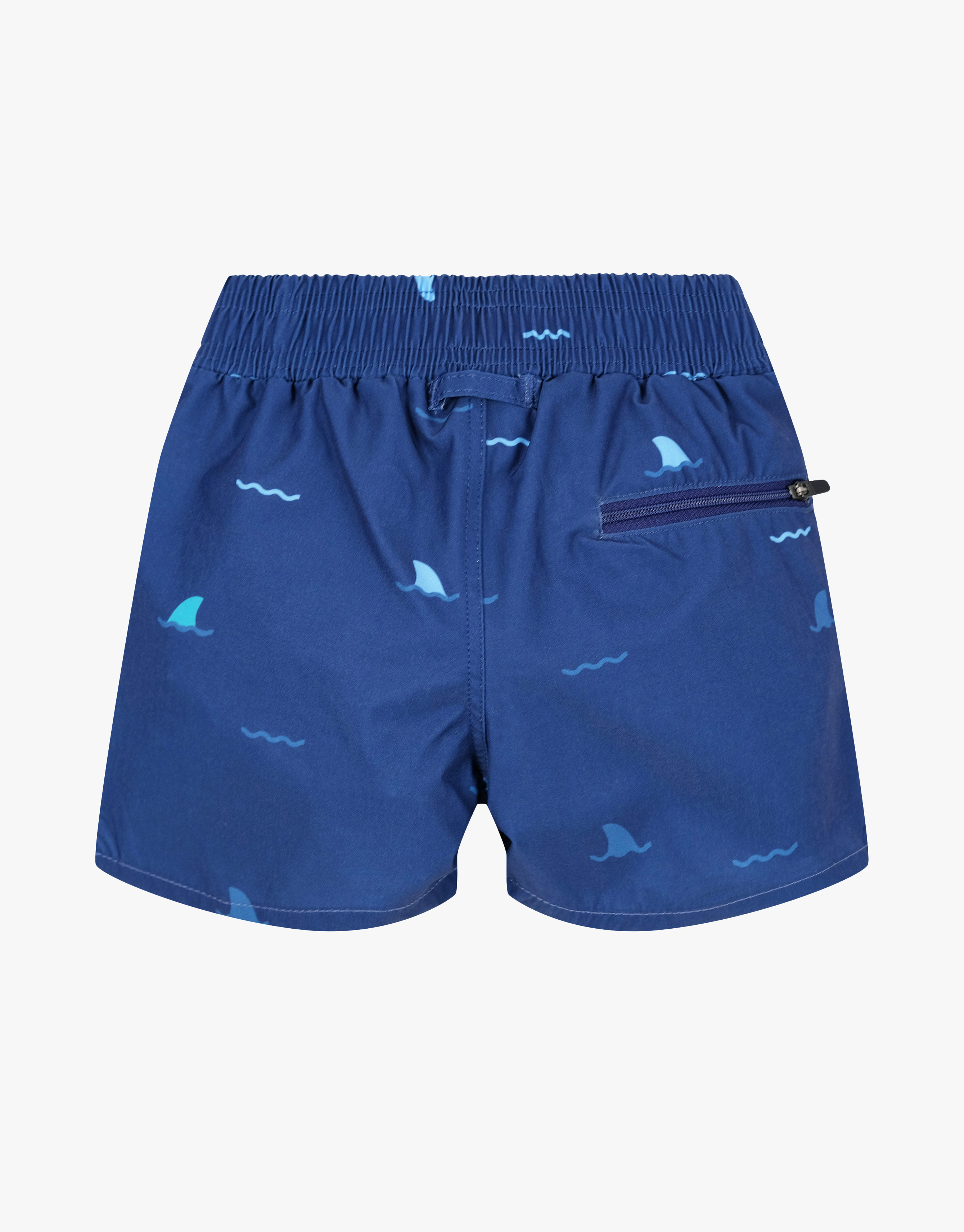 Navy swim shorts with shark pattern and back pocket