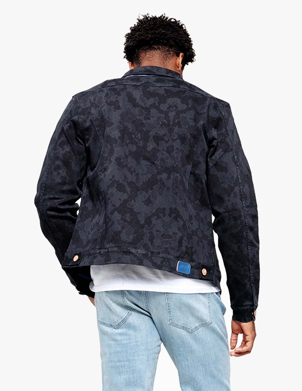 Back view of men's stretch vintage black camo jean jacket