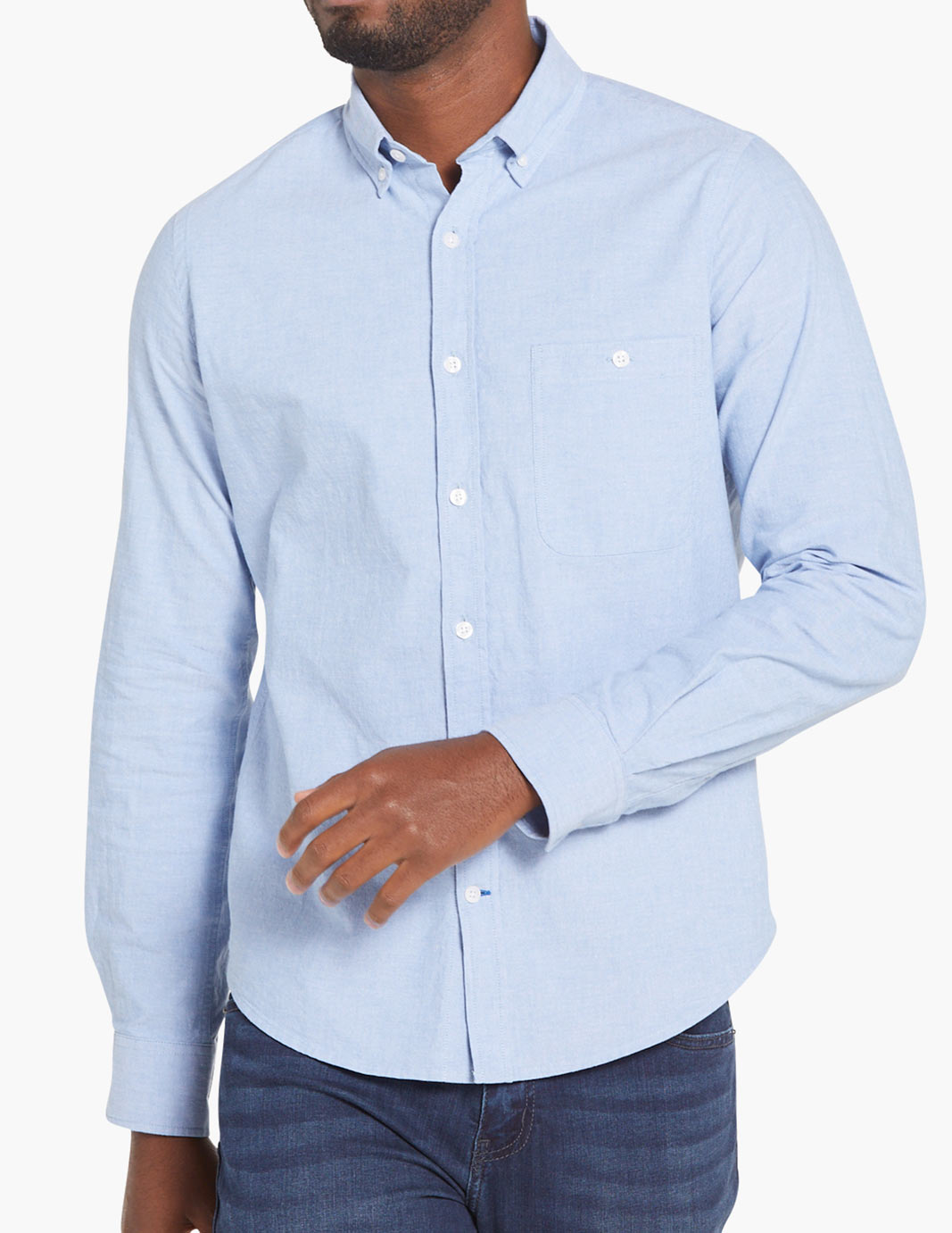 Light blue men's stretch chambray shirt with a pocket