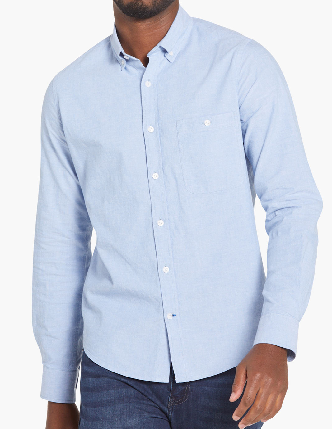 Light blue men's stretch chambray shirt with button-down collar