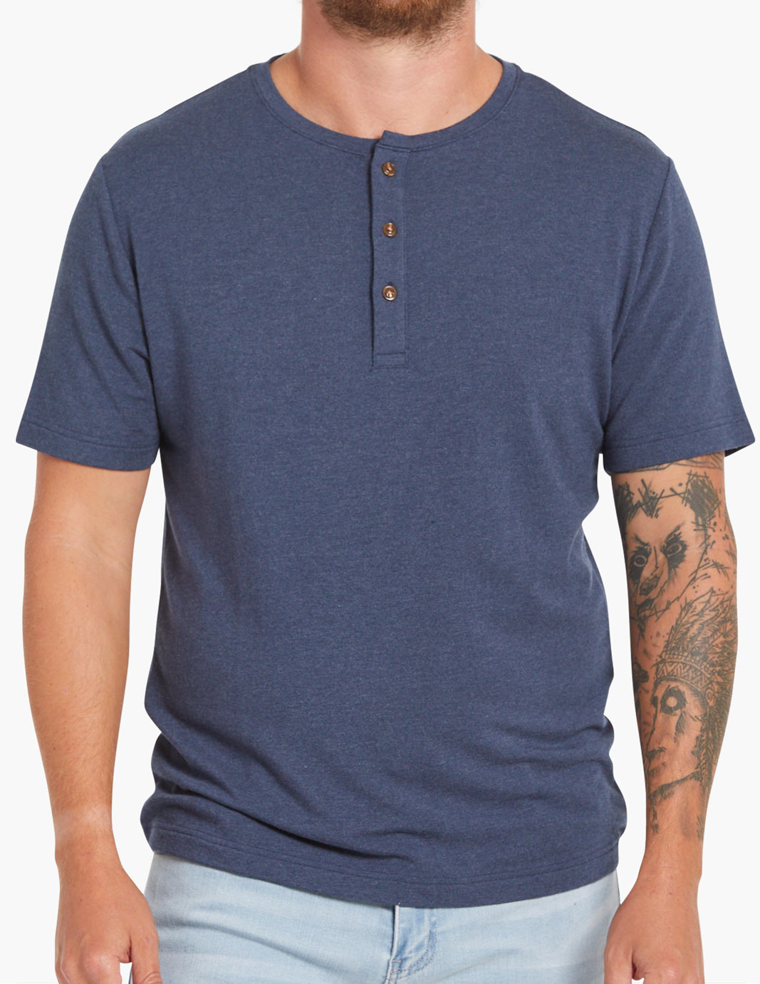 short sleeve navy henley shirt with buttons