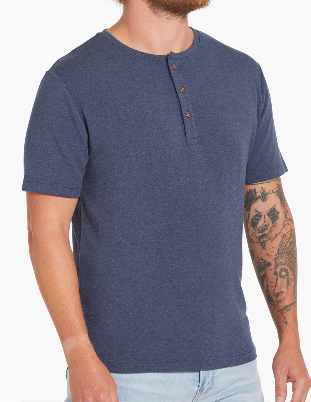 short sleeve henley shirt in navy blue with buttons