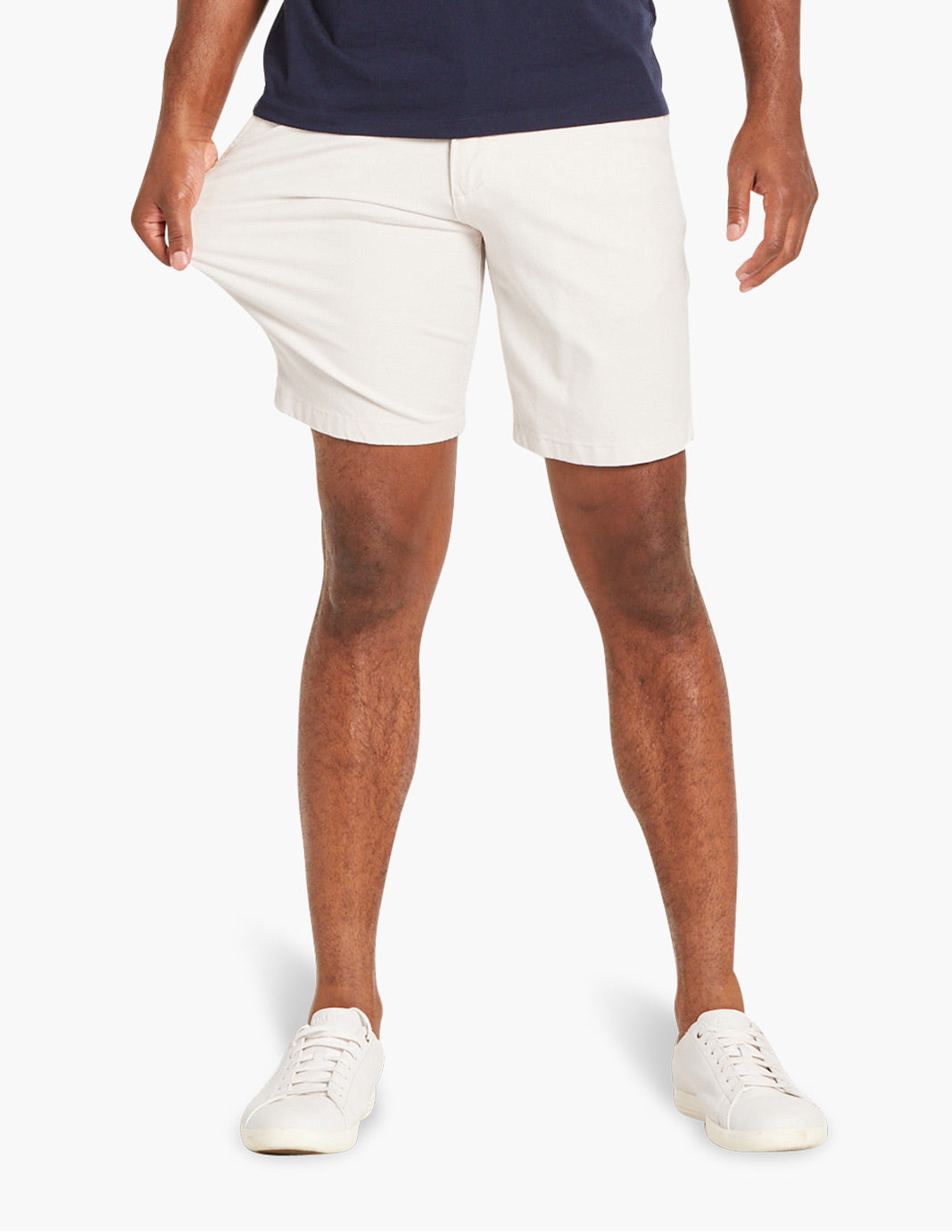 Men's off-white stretch chino shorts with pockets, perfect for summer.