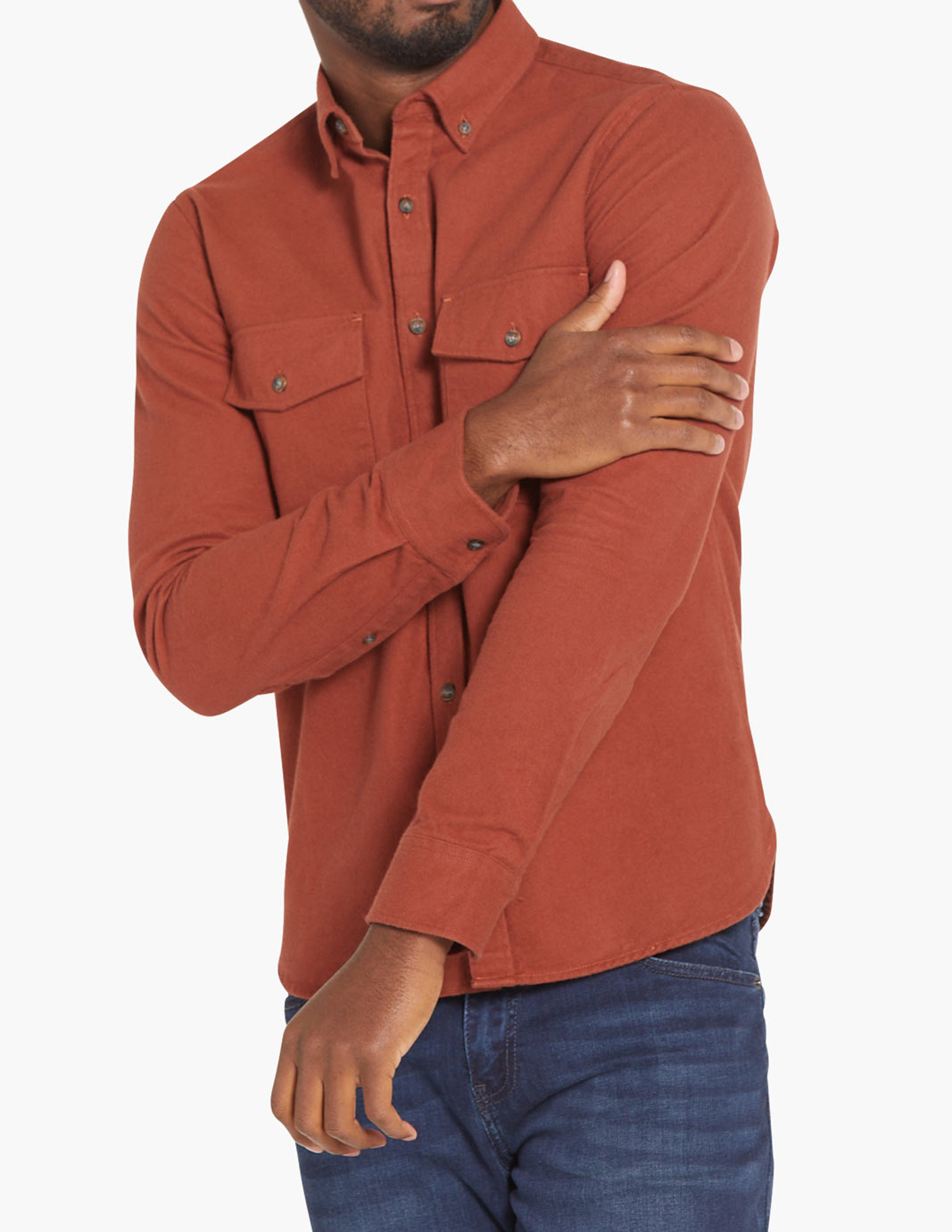 Burnt orange flannel utility shirt with button-down collar and chest pockets