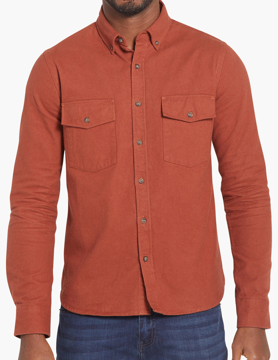 Burnt orange stretch heavy flannel shirt with two chest pockets