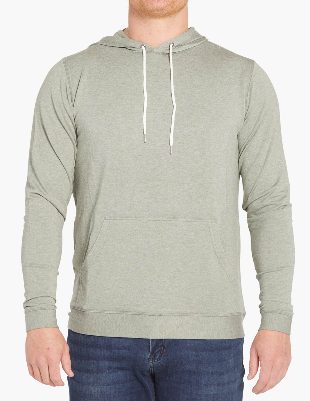 Soft green cashmere hoodie with front pocket and drawstring hood