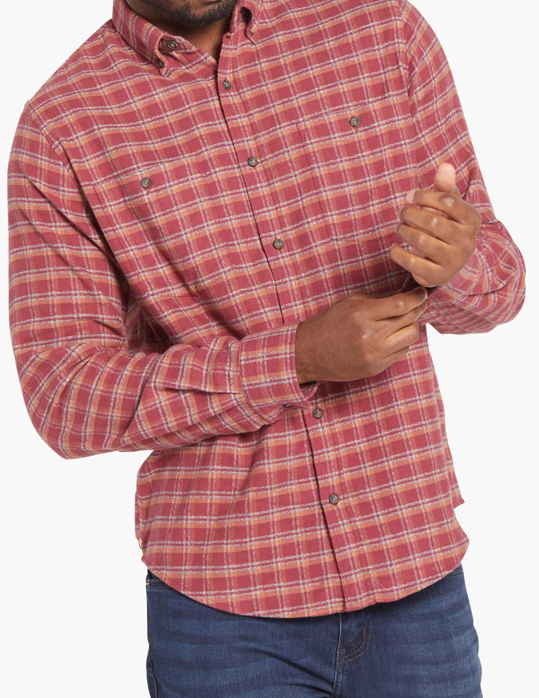 Red and orange checkered flannel shirt with button-down collar