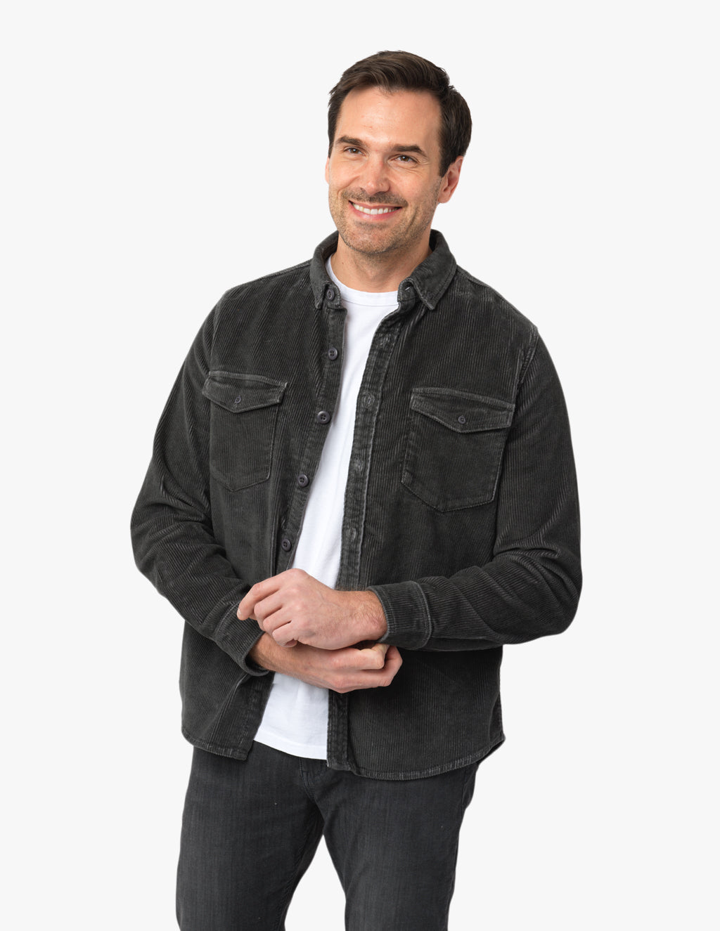 Washed Grey Men's Stretch Corduroy Utility Shirt | Mugsy