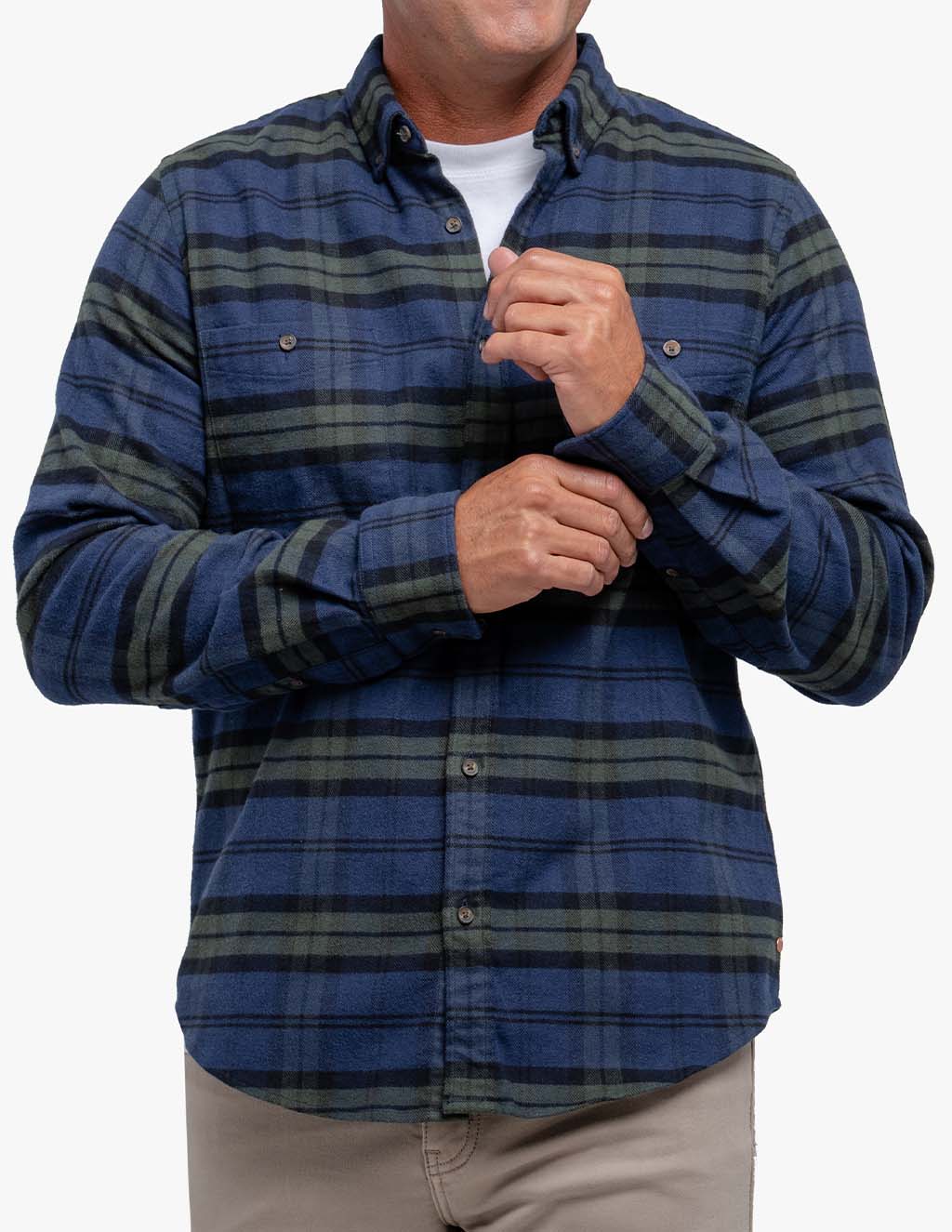 Men's Blackwatch stretch flannel shirt worn by a model