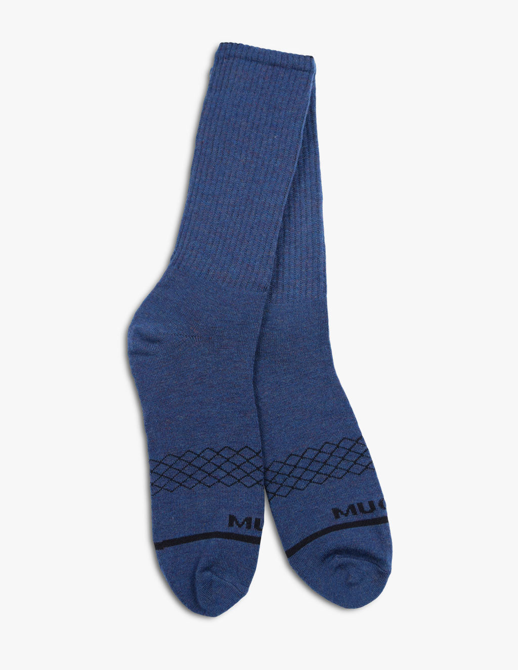 Navy merino wool socks with ribbed design and Mugsy logo