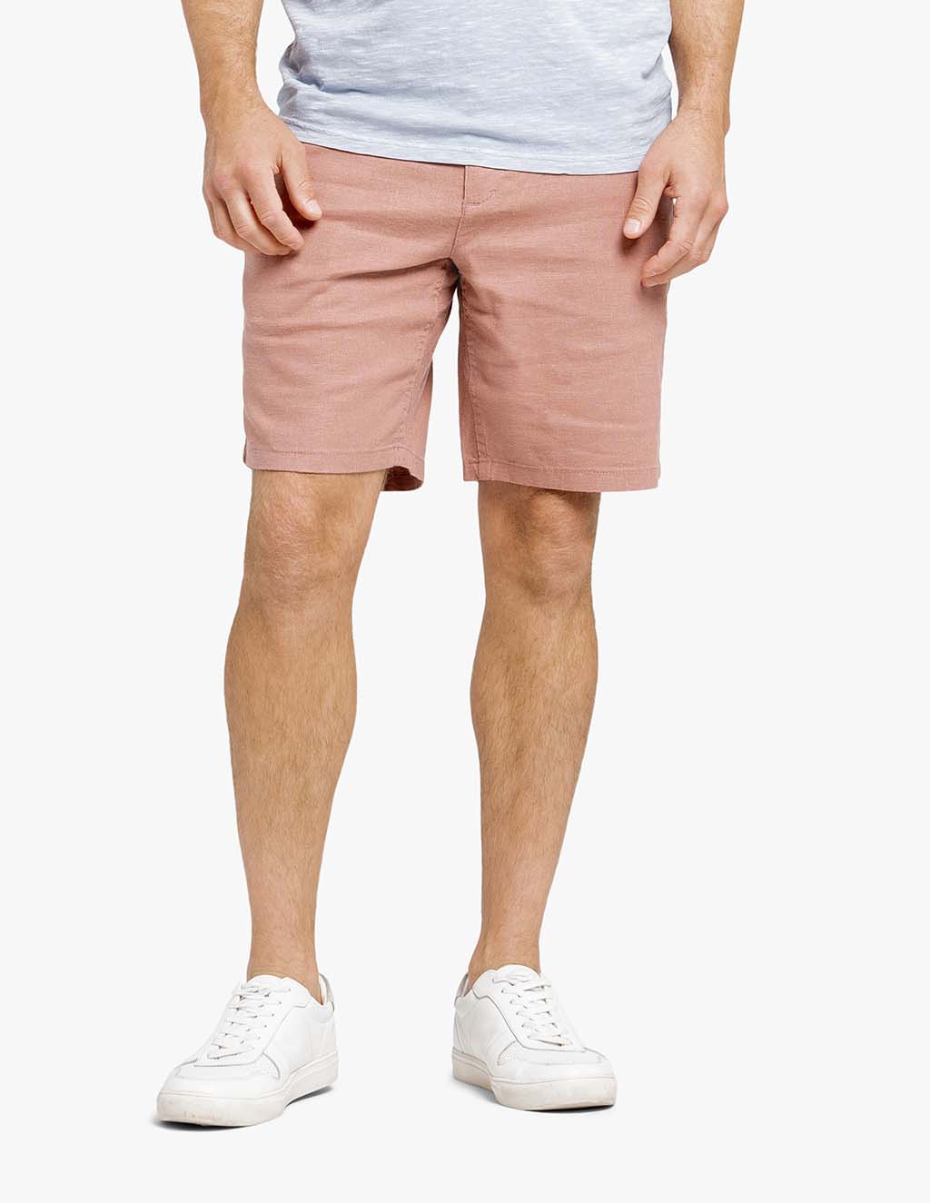 Men's summer linen shorts in a light pink color, designed for comfort and stretch.
