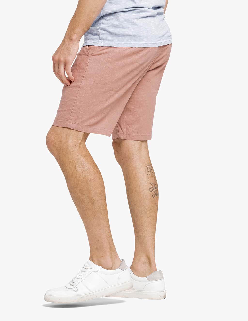 Men's summer linen shorts in a light pink color, showcasing comfort and stretch.