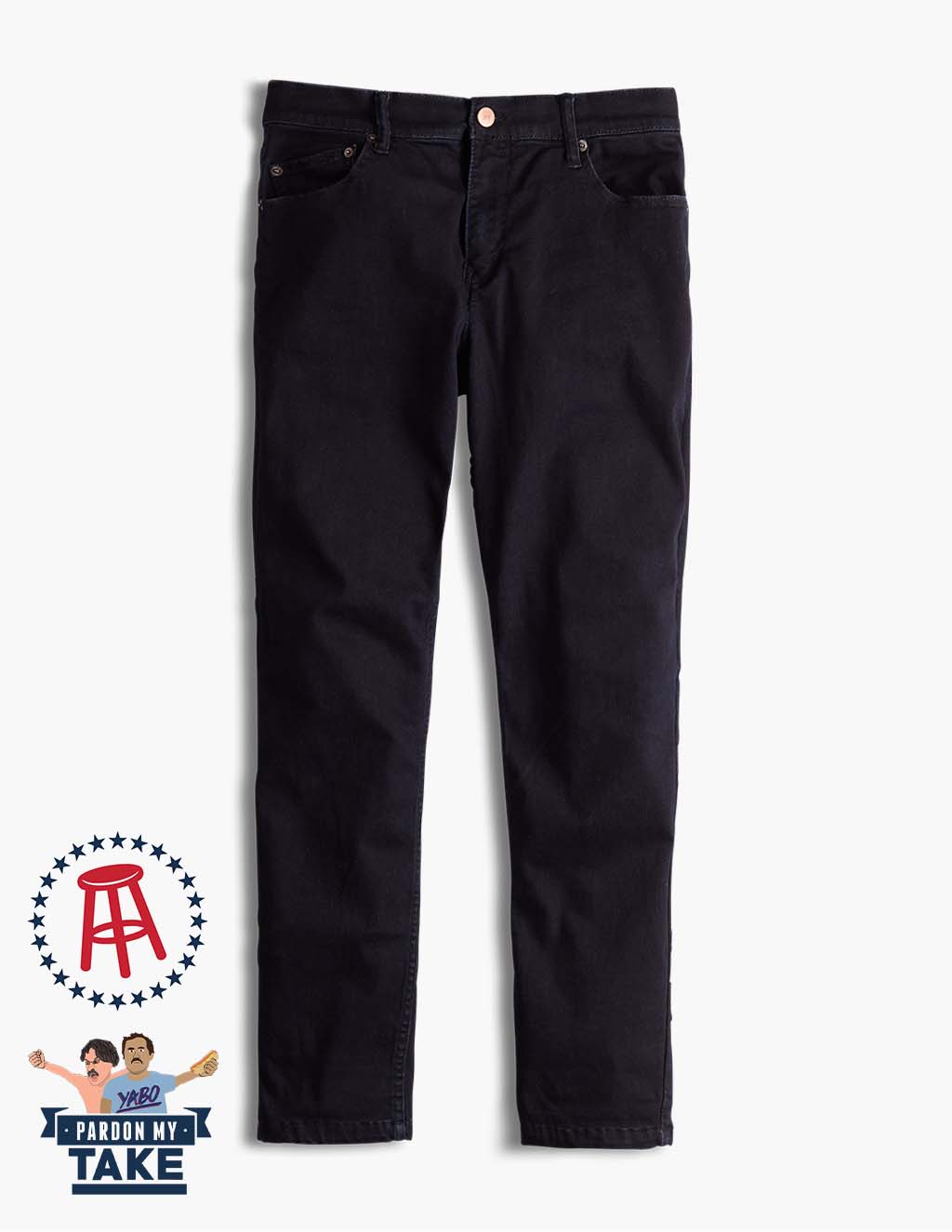 Dark blue Mugsy clutch jeans with Pardon My Take logo