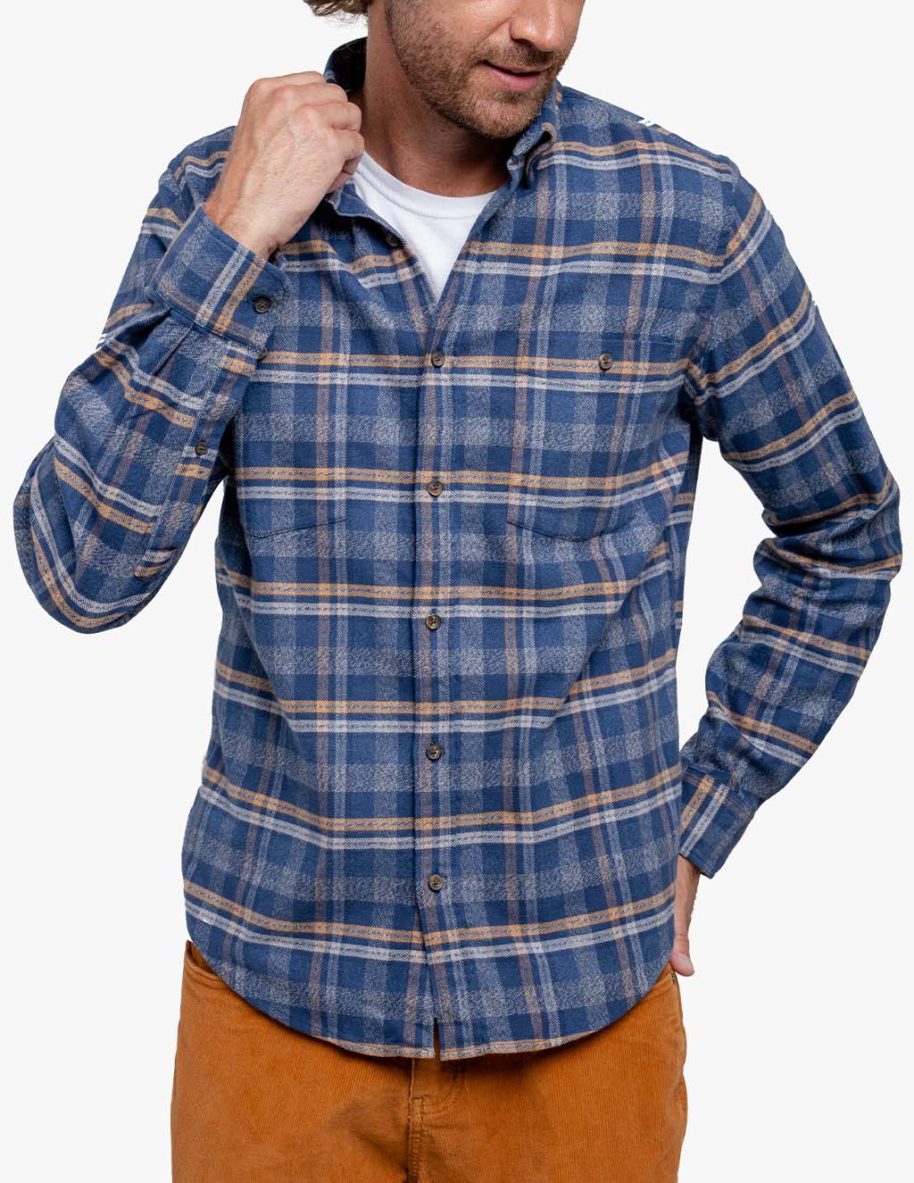 Navy stretch flannel shirt with plaid pattern