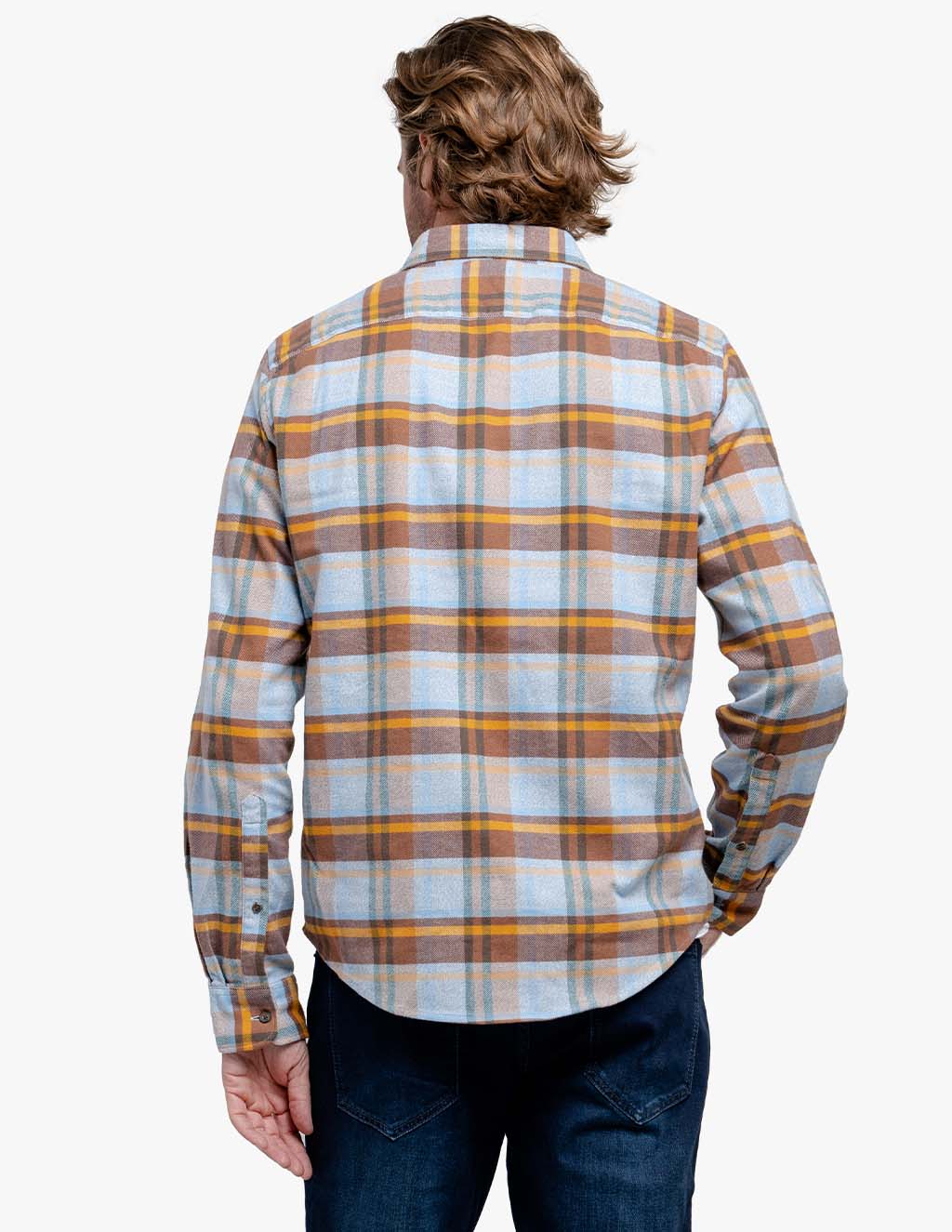 Back view of men's blue and brown plaid stretch flannel shirt