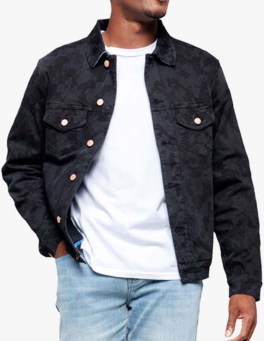 Men's vintage black camo jean jacket with stretch fabric, featuring buttoned pockets.