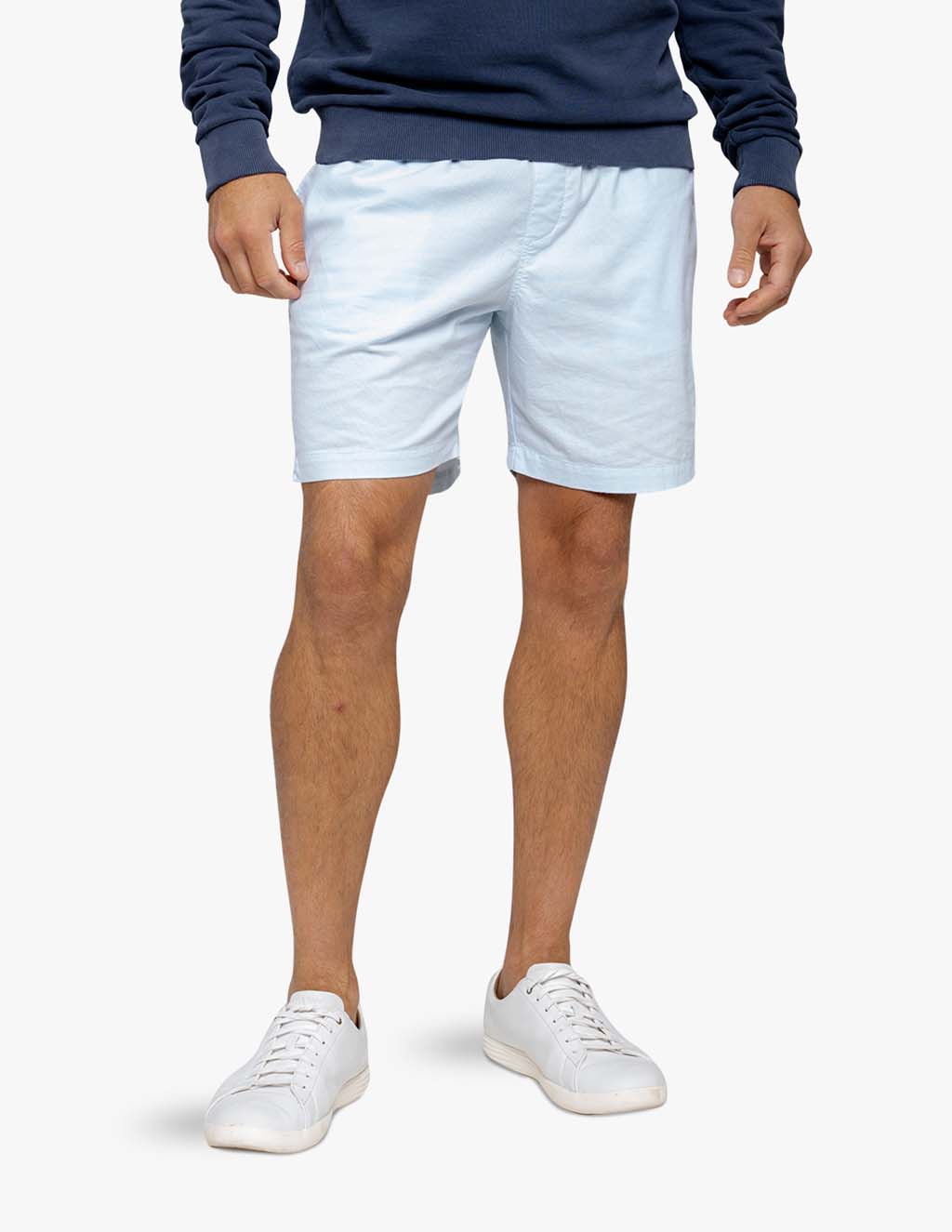 Light blue men's stretch drawstring shorts worn by a model