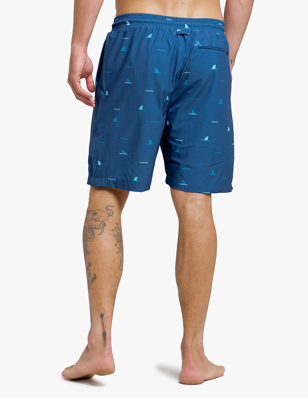 Men's navy swim shorts with shark pattern