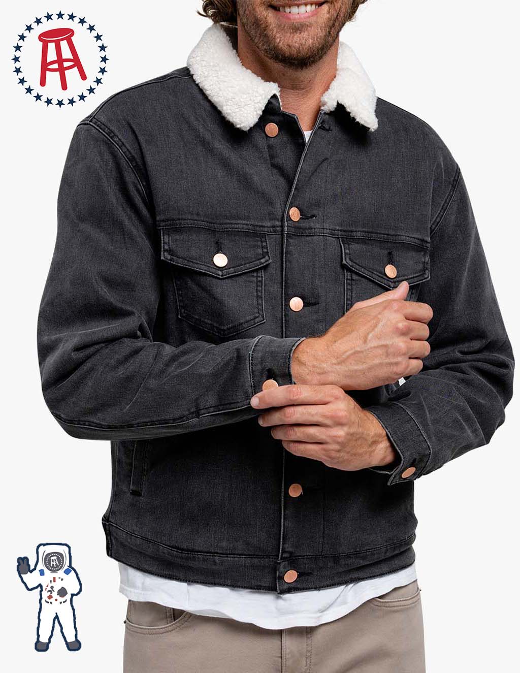 Black sherpa-lined denim jacket with Barstool logo