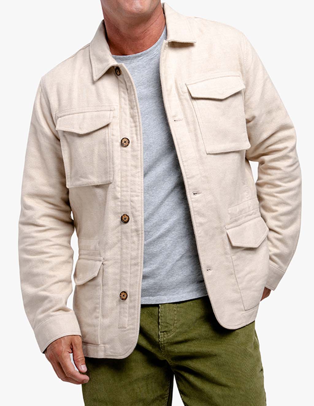Tan Hemmingway jacket with multiple pockets, worn by a model